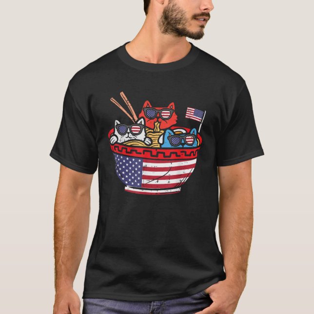 Cats Ramen Anime American Flag USA Funny 4th Of Ju T-Shirt (Front)
