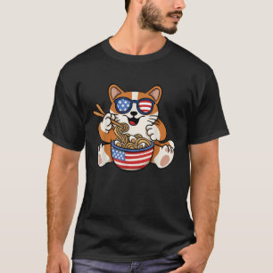 Cats Ramen Anime American Flag USA Funny 4th Of Ju T-Shirt