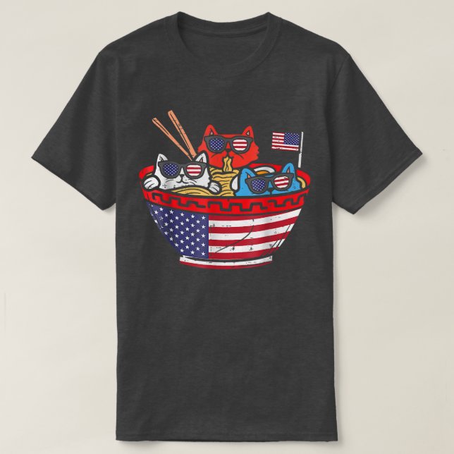 Cats Ramen Anime American Flag USA Funny 4th Of Ju T-Shirt (Design Front)
