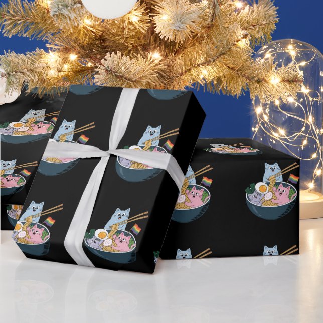 Cats Ramen Rainbow LGBTQ Gay Lesbian Pride Ally Wrapping Paper (Holidays)