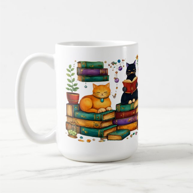 Cats Reading Books Cozy Library Scene Coffee Mug (Left)