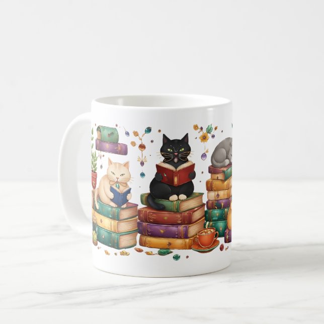 Cats Reading Books Cozy Library Scene Coffee Mug (Front Left)