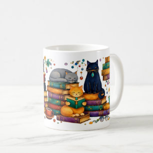 Cats Reading Books Cozy Library Scene Coffee Mug