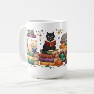Cats Reading Books Cozy Library Scene Coffee Mug