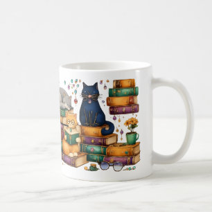 Cats Reading Books Cozy Library Scene Coffee Mug