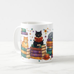 Cats Reading Books Cozy Library Scene Coffee Mug