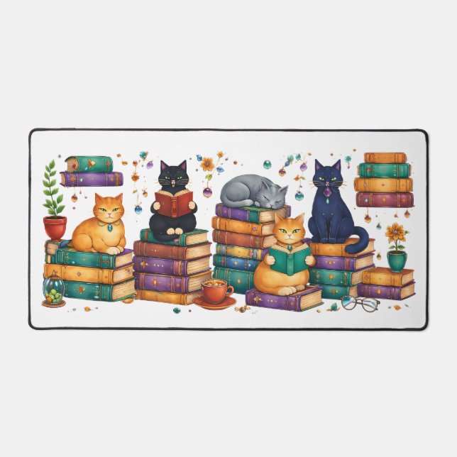 Cats Reading Books Cozy Library Scene Desk Mat (Front)