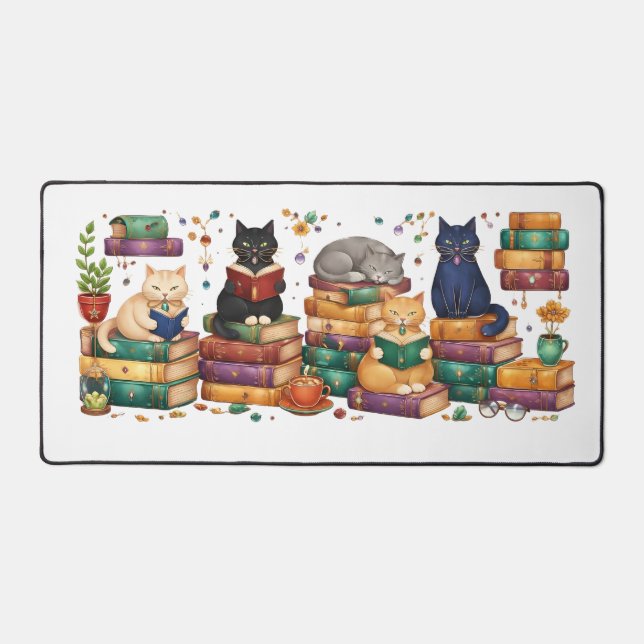 Cats Reading Books Cozy Library Scene Desk Mat (Front)