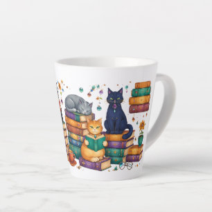 Cats Reading Books Cozy Library Scene Latte Mug