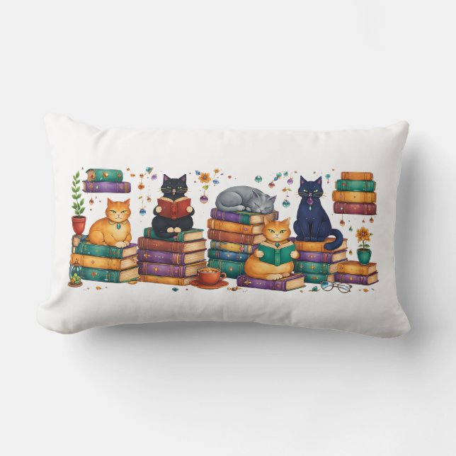 Cats Reading Books Cozy Library Scene Lumbar Cushion (Front)