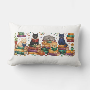 Cats Reading Books Cozy Library Scene Lumbar Cushion