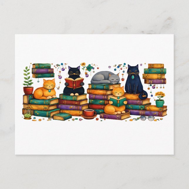 Cats Reading Books Cozy Library Scene Postcard (Front)