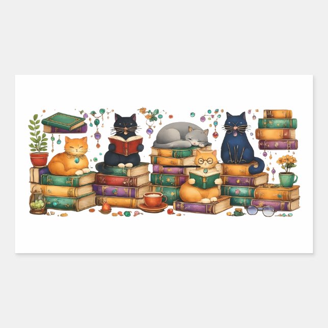 Cats Reading Books Cozy Library Scene Rectangular Sticker (Front)