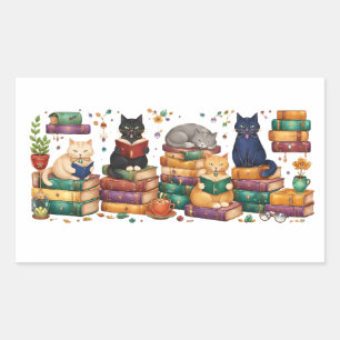Cats Reading Books Cozy Library Scene Rectangular Sticker