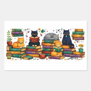 Cats Reading Books Cozy Library Scene Rectangular Sticker
