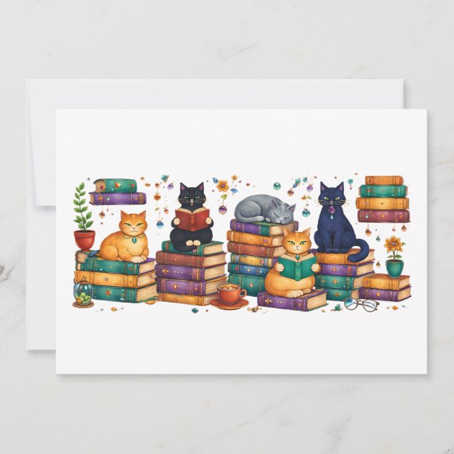 Cats Reading Books Cozy Library Scene Thank You Card (Front)