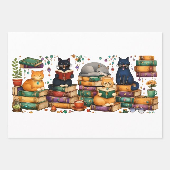 Cats Reading Books Cozy Library Scene Wrapping Paper Sheet (Front 3)