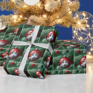 Cat's Reflection In a Red Christmas Ornament Wrapping Paper