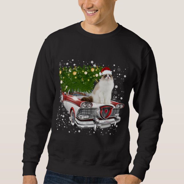 Cats Rides Red Truck Christmas Tree Xmas Sweatshirt (Front)