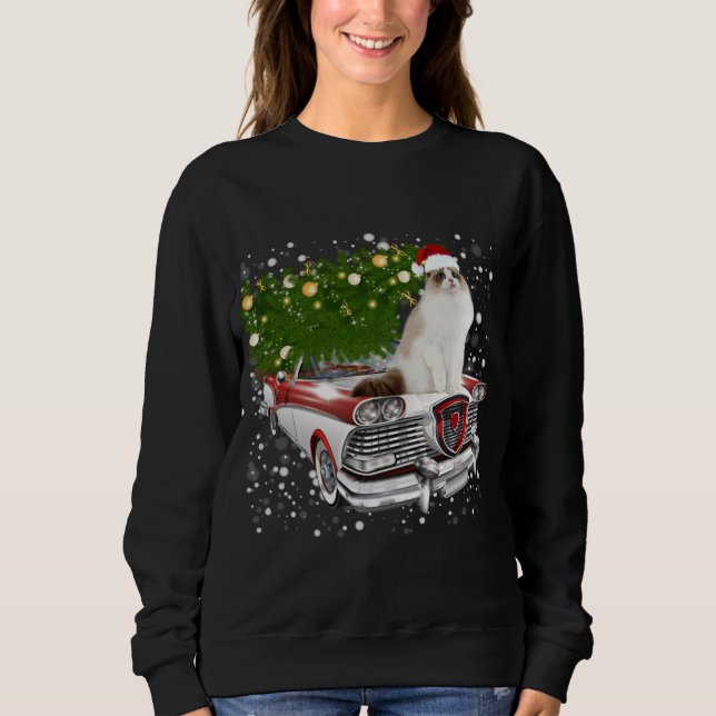 Cats Rides Red Truck Christmas Tree Xmas Sweatshirt (Front)