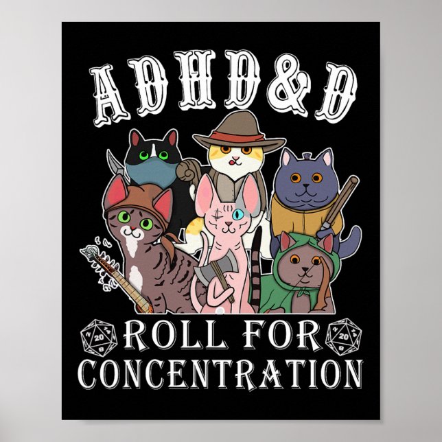 Cats Rpg Gamer Roll For Concentration D20 Dice Ner Poster (Front)