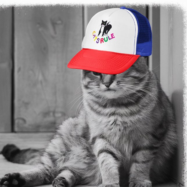 cats rule truckers hat cat lover black and white (Creator Uploaded)