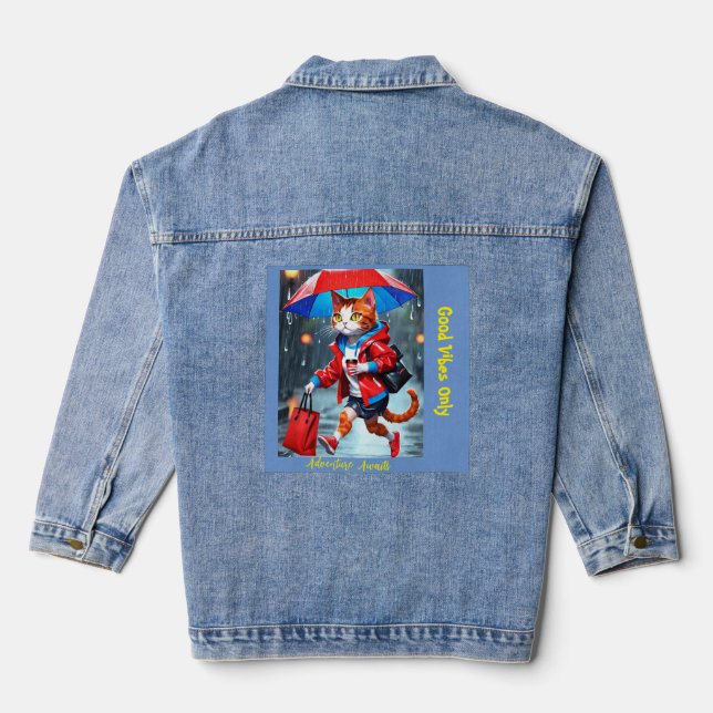 cats running in the rain with umbrellas t-shirt denim jacket (Back)