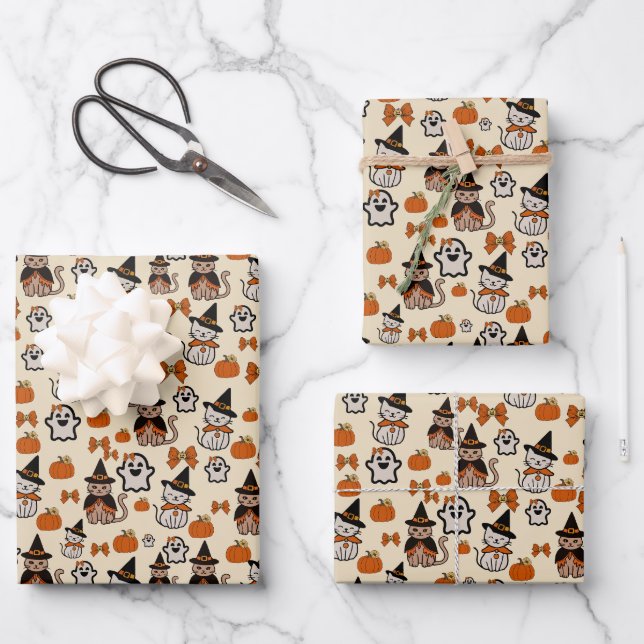 Cats seamless pattern halloween party wrapping paper sheet (Front)