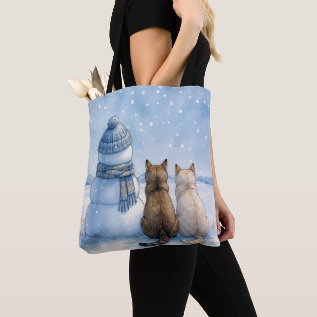 Cats Sitting With a Snowman In a Field Tote Bag (Close Up)