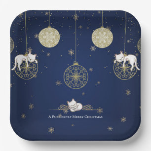 Cats Sleeping on Gold Christmas Ornaments Holiday Paper Plate