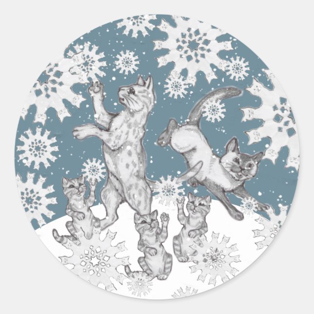 Cats & Snowflakes Unique Winter Snow Christmas Classic Round Sticker (Front)