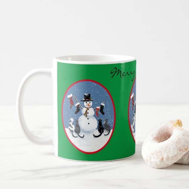 Cats Snowman Story Personalised Holiday  Coffee Mug (With Donut)