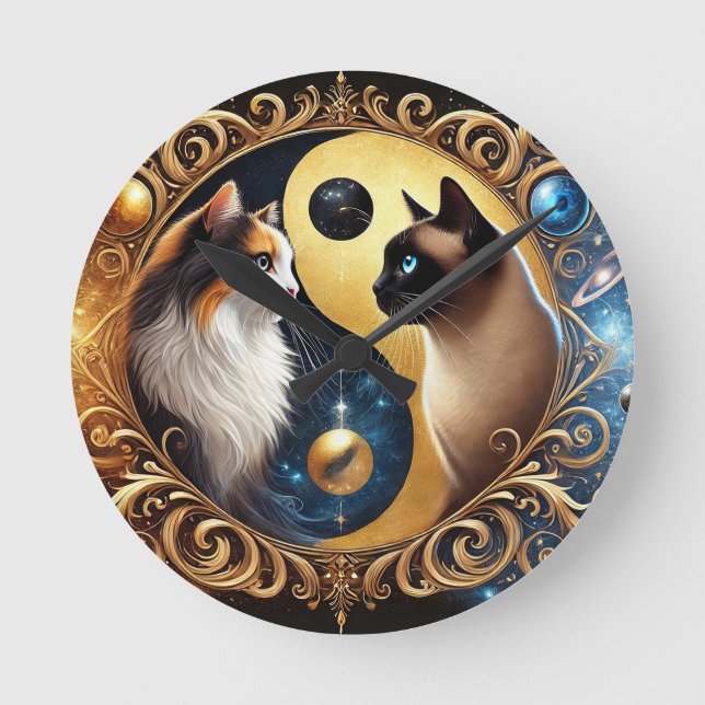 Cats Symbolising Balance with a Yin Yang Round Clock (Front)