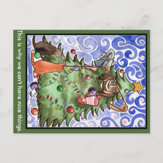 Cats & their human & a Christmas tree Holiday Postcard