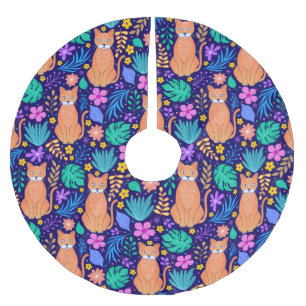Cats & Tropical Flowers: Dark Pattern Brushed Polyester Tree Skirt