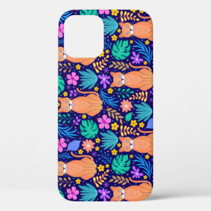 Cats & Tropical Flowers: Dark Pattern iPhone 12 Case