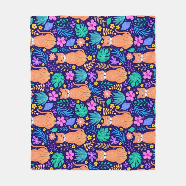 Cats & Tropical Flowers: Dark Pattern Fleece Blanket (Front)
