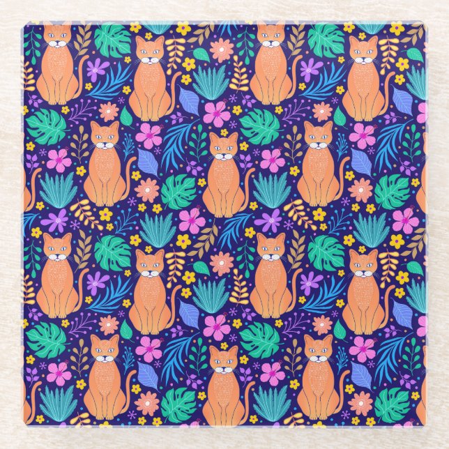 Cats & Tropical Flowers: Dark Pattern Glass Coaster (Front)