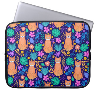 Cats & Tropical Flowers: Dark Pattern Laptop Sleeve