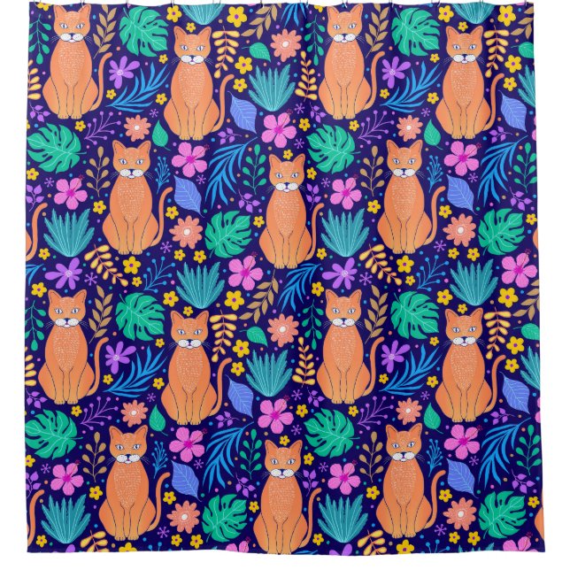 Cats & Tropical Flowers: Dark Pattern Shower Curtain (Front)