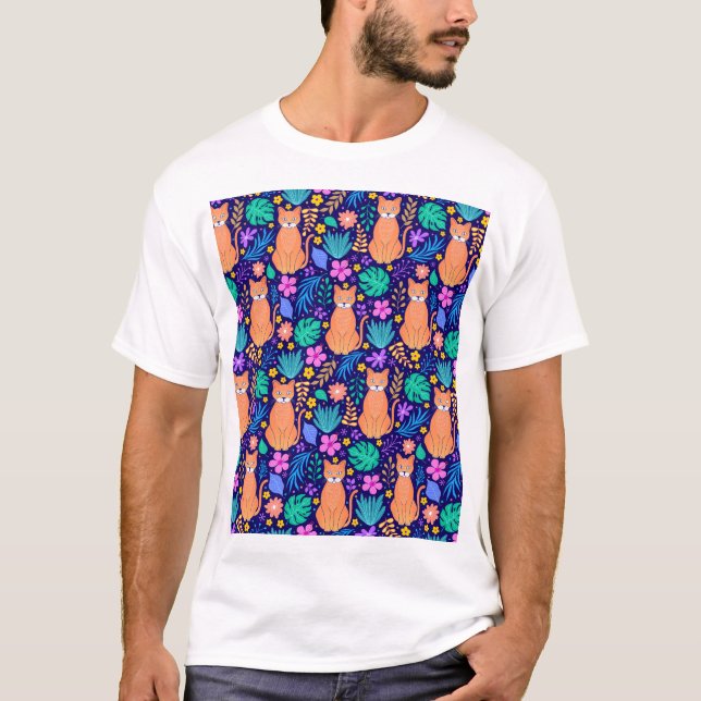Cats & Tropical Flowers: Dark Pattern T-Shirt (Front)