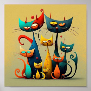 cats, vibrant, colourful, whimsical, stylised, pla poster