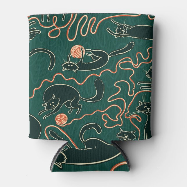 Cats Vintage: Doodle Seamless Pattern Can Cooler (Front)
