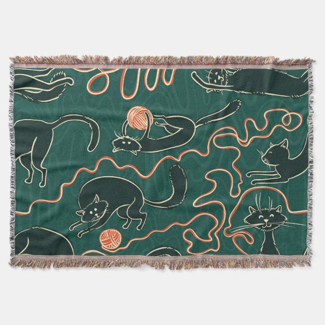 Cats Vintage: Doodle Seamless Pattern Throw Blanket (Front)
