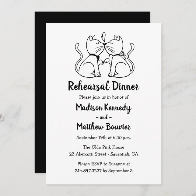 Cats Wedding Rehearsal Black White Modern Wedding Invitation (Front/Back)