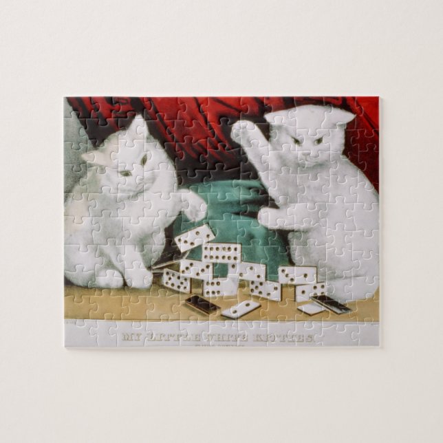 Cats White Kitties Playing Dominoes-Currier & Ives Jigsaw Puzzle (Horizontal)