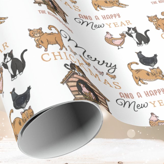 Cats with Chickens and Name Christmas  Wrapping Paper (Creator Uploaded)