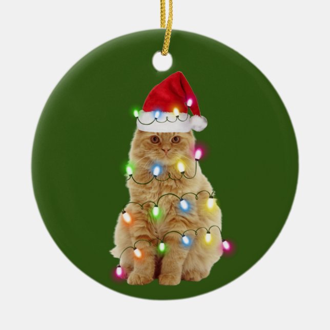 Cats With Hat Lights Christmas Ceramic Ornament (Front)