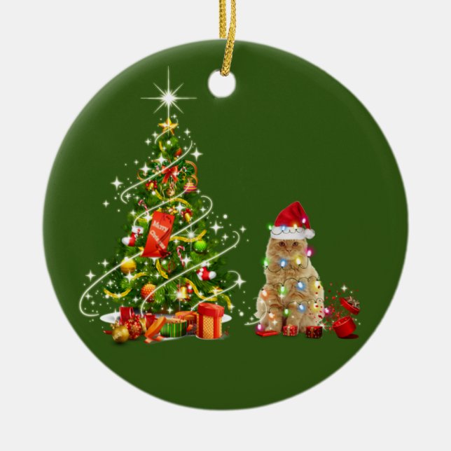 Cats With Hat Scaft Christmas Ceramic Ornament (Front)