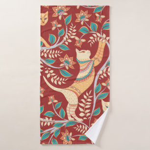 Cats with ornaments,branches with flowers and leav bath towel